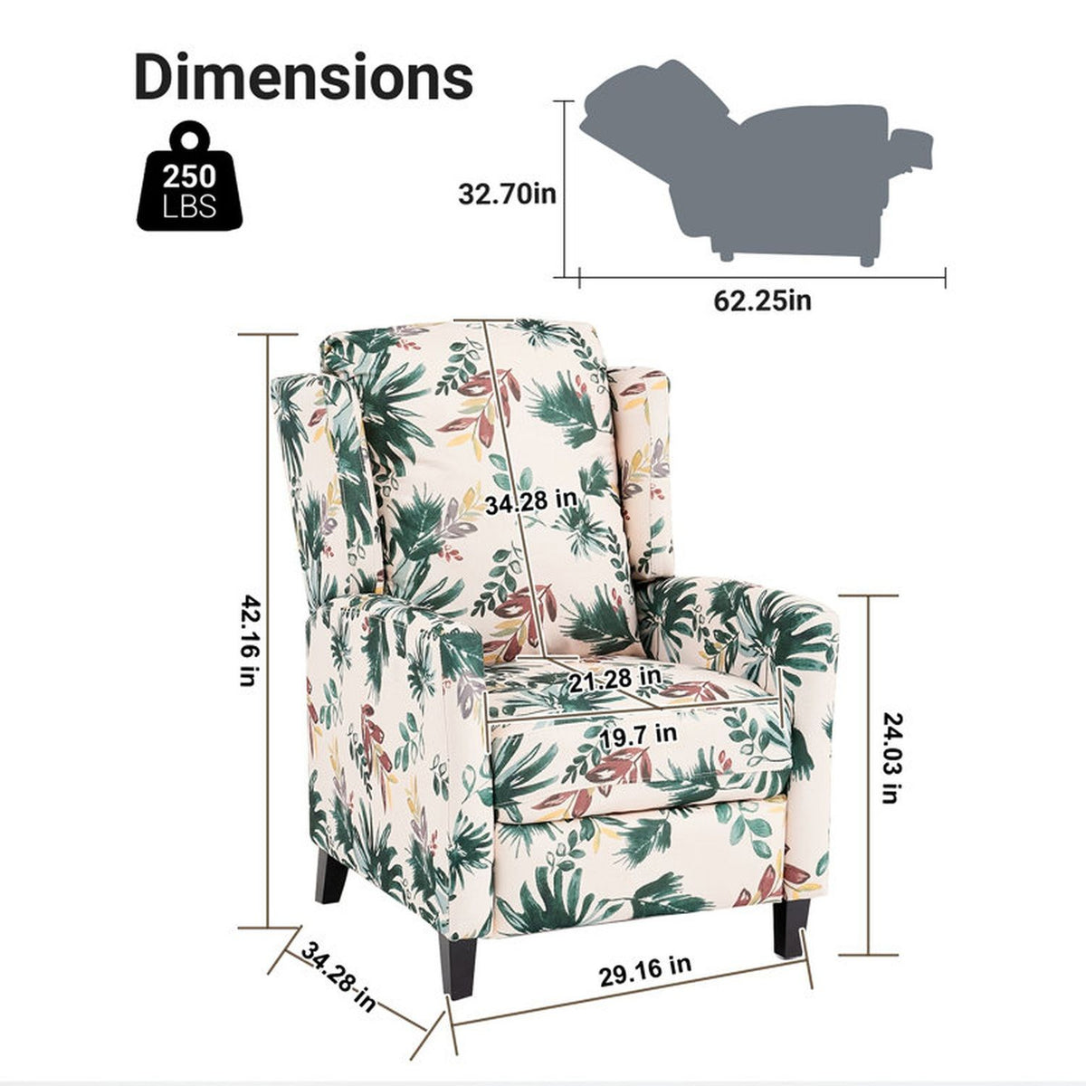 Green floral recliner armchair with wingback sides and padded armrests