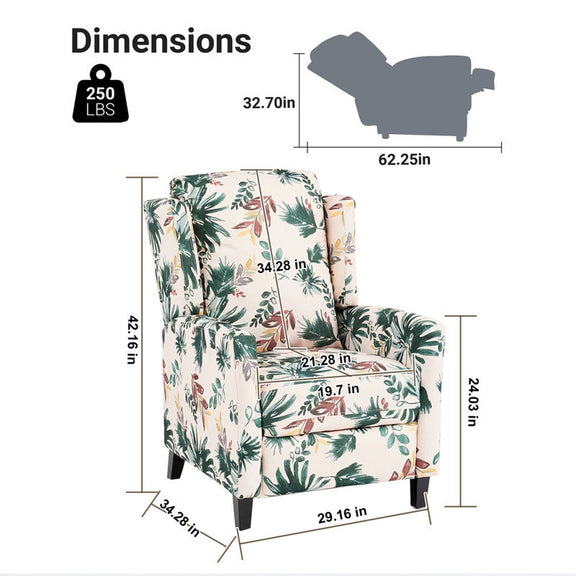Green floral recliner armchair with wingback sides and padded armrests