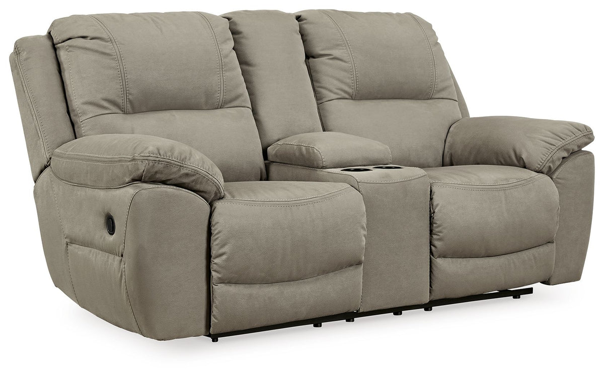 Putty dual reclining loveseat with center console, padded arms, back cushions