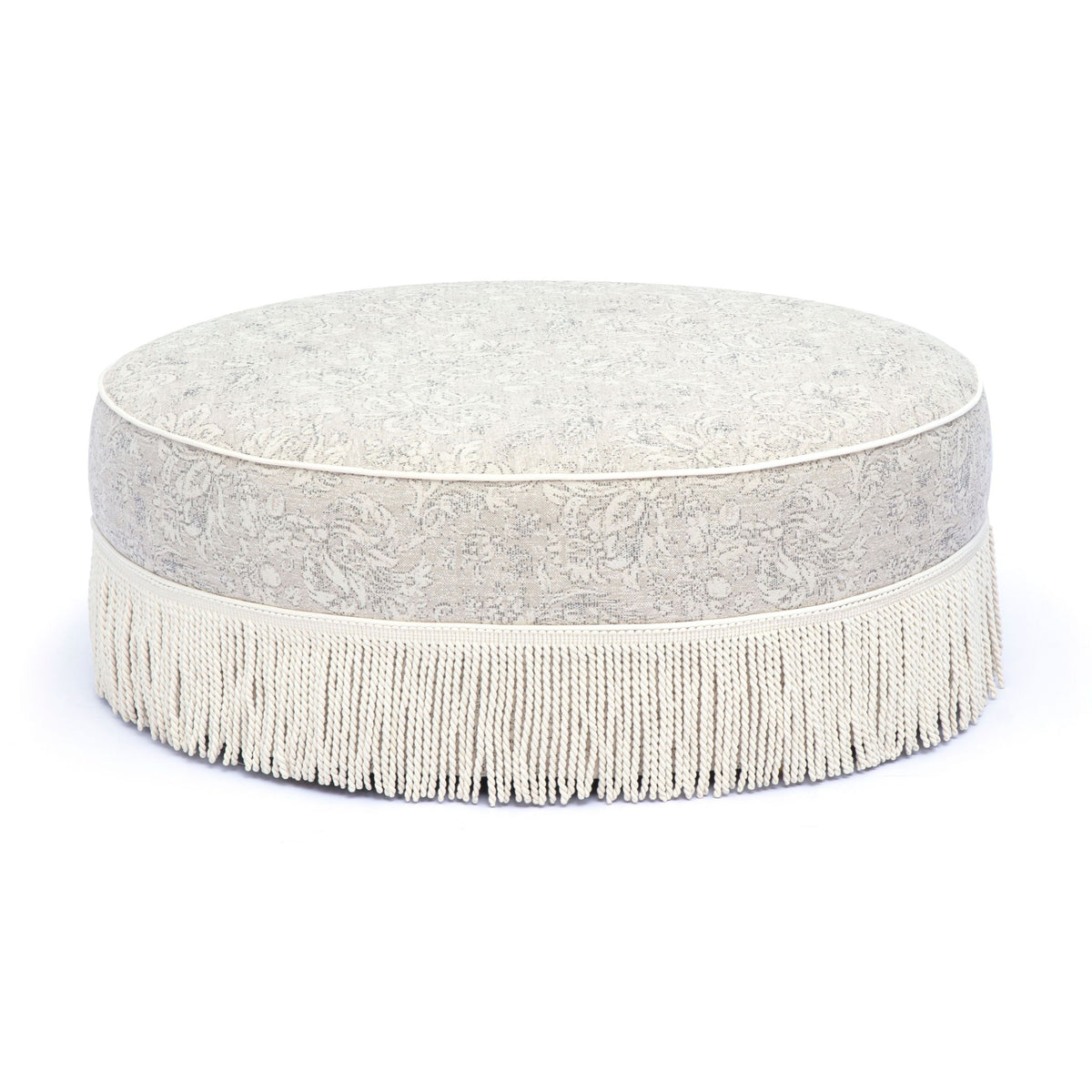 Tassy - Floral Tasseled Round Ottoman - Neutral