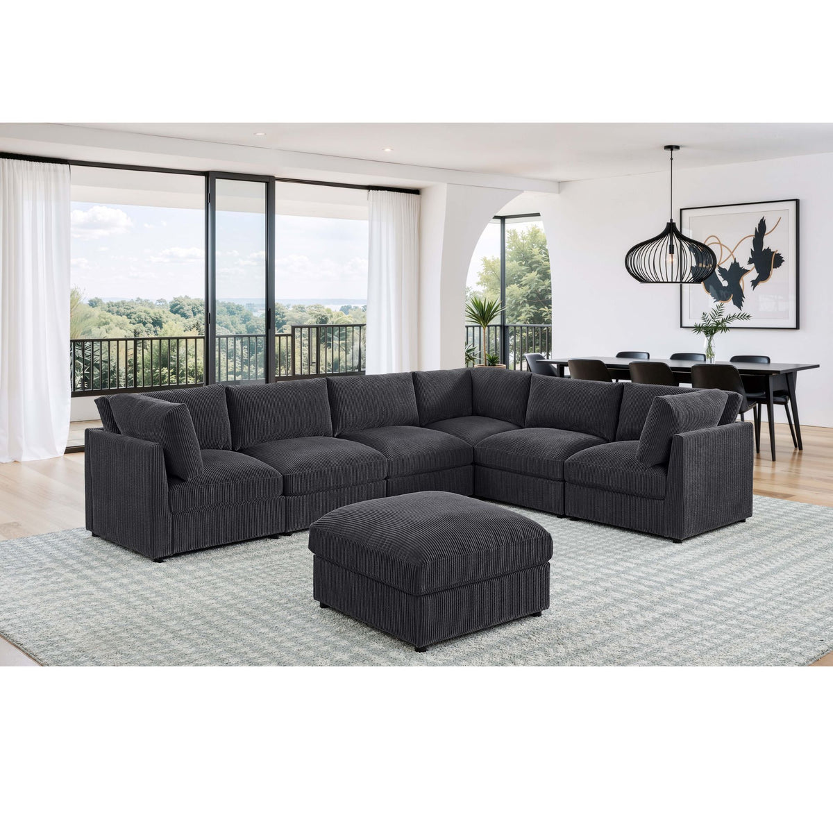 Dark gray modular sectional sofa with ottoman, modern living room seating set
