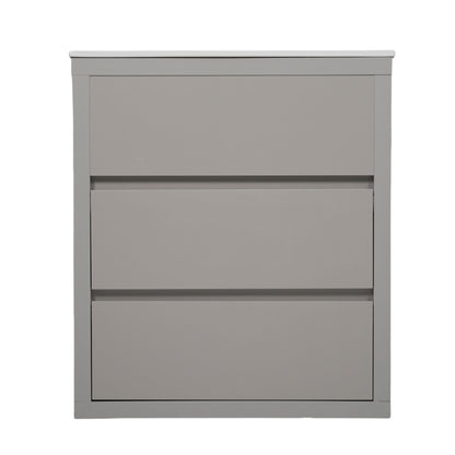 Gray freestanding bathroom vanity front view with two drawer compartments
