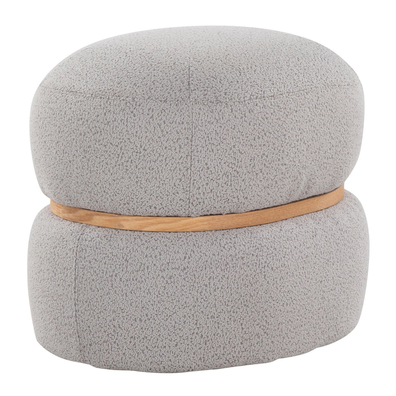 Light gray upholstered pouf ottoman with horizontal wood band and domed top