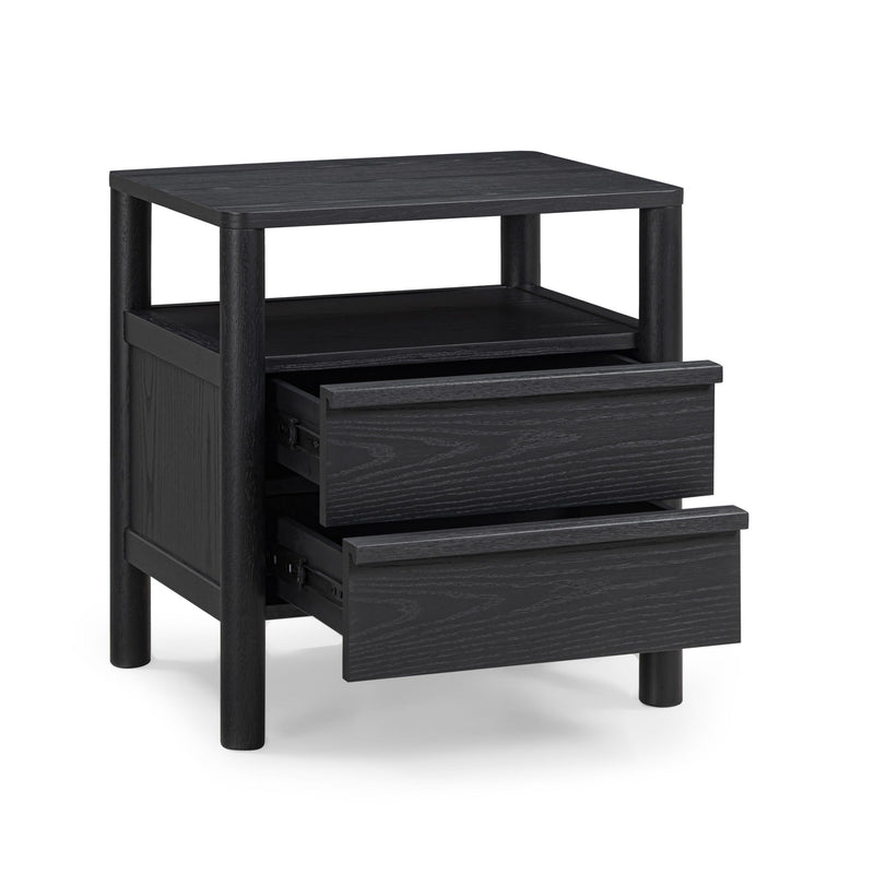 Black wood nightstand with top shelf and two open drawers showing drawer slides