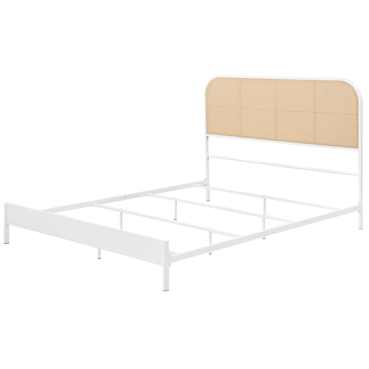 Bed frame dimensions diagram for black frame with tan woven headboard and slatted base.