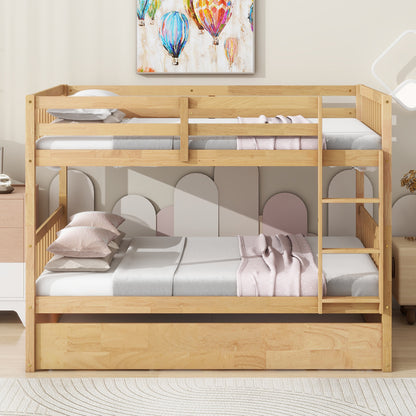 Natural wood bunk bed with guardrails and ladder