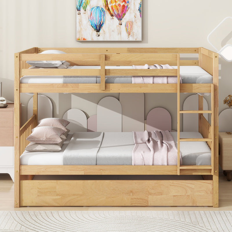 Natural wood bunk bed with guardrails and ladder