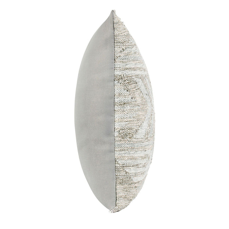 Gray multi square pillow with textured side and geometric embroidery panel