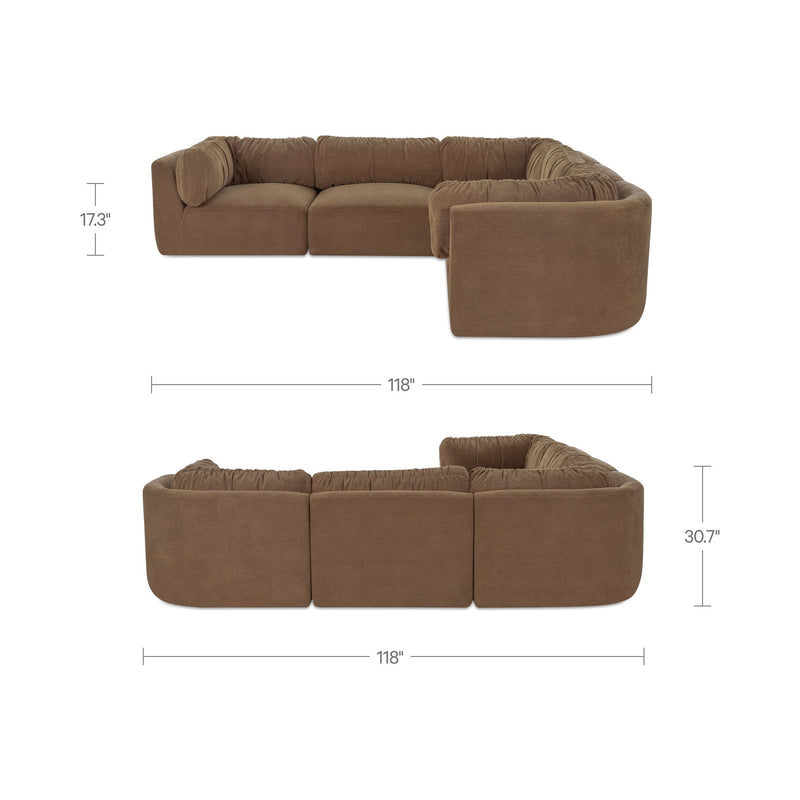 Taupe modular sectional sofa with chaise, 118 in long; 17.3 in high, 30.7 in deep