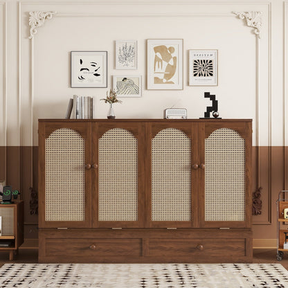 Queen Size Murphy Bed, Pine Wood Cabinet Bed with Power Station and Rattan Decoration Panel, Walnut, Coastal