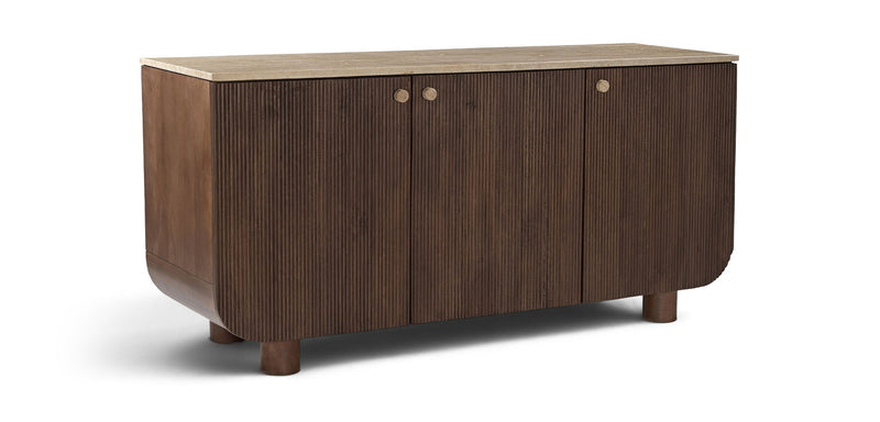 Dark brown mango wood sideboard with 3 doors and vertical ribbed panels, round metal knobs
