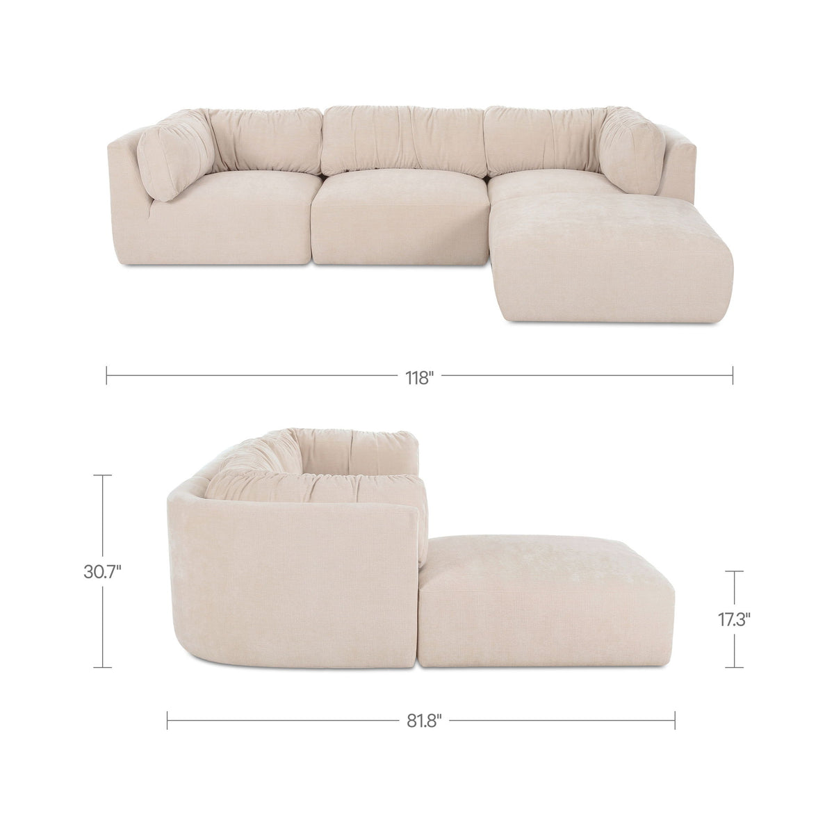 Oatmeal modular sectional sofa with rounded back cushions and chaise ottoman