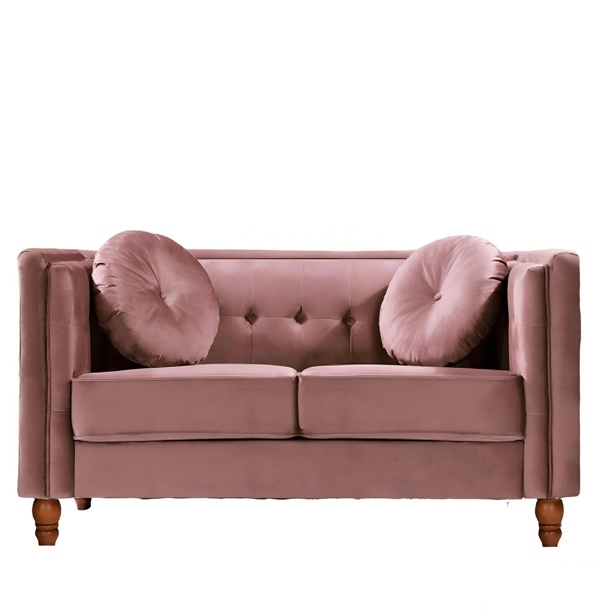 Dusty rose 2-seater velvet loveseat with tufted back and round accent pillows