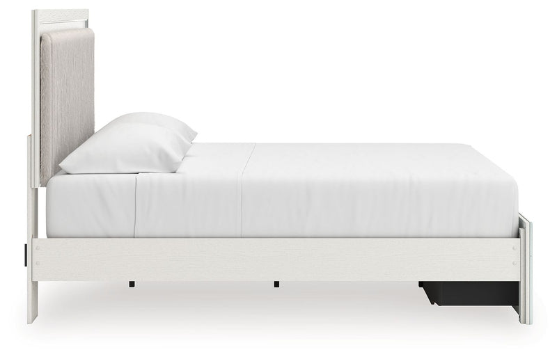 Upholstered panel platform storage bed, white frame with under-bed storage and slatted base