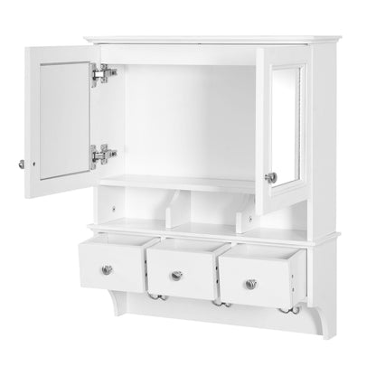 White bathroom mirror cabinet with open compartments, drawers, and side mirror frame