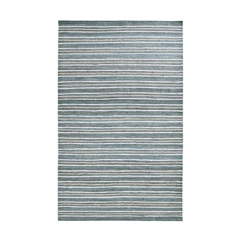 Slate-blue striped area rug with thin horizontal lines and lightly speckled pattern