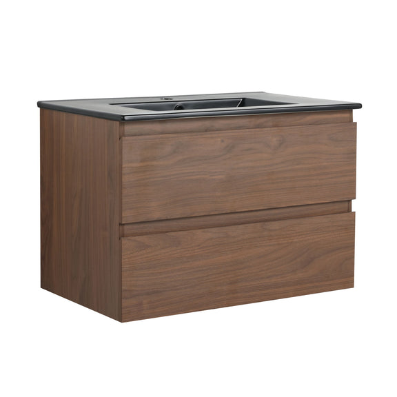 Wall-mounted bathroom vanity with sink and two soft-close drawers, dark wood cabinet
