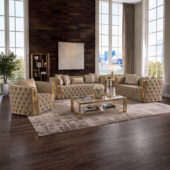 Naomi living room set, taupe tufted sofa with two armchairs for living room seating