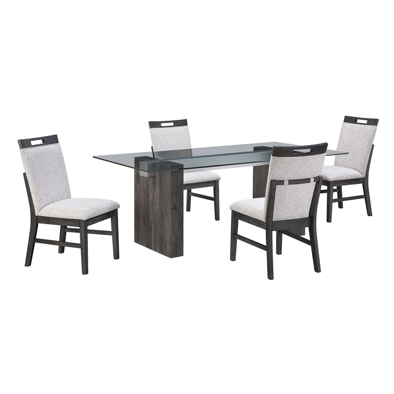Dining table with clear glass top and gray wood base, paired with four upholstered chairs.