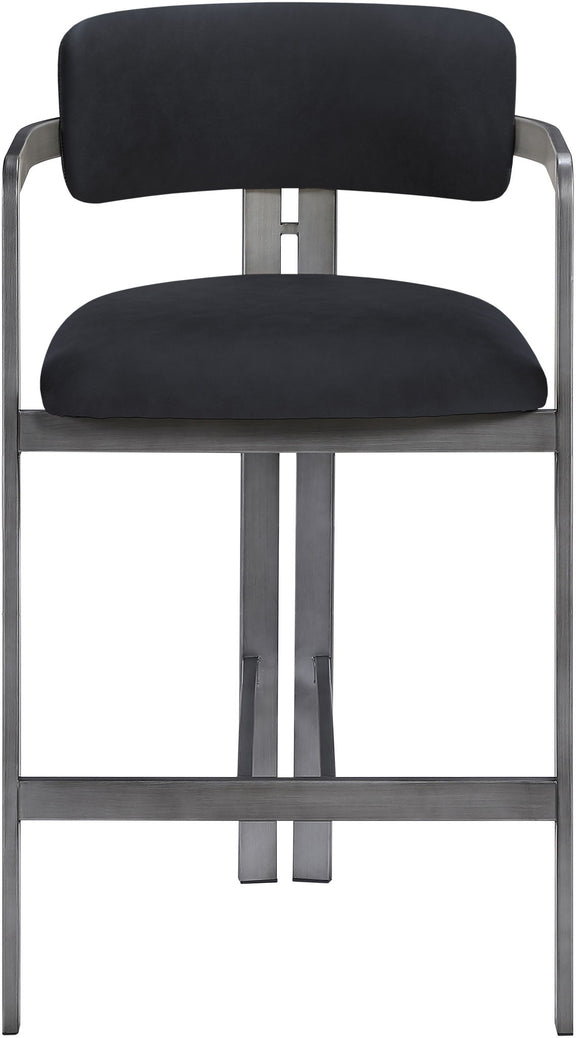 Black vegan leather counter stool with wide back and seat, gray metal base