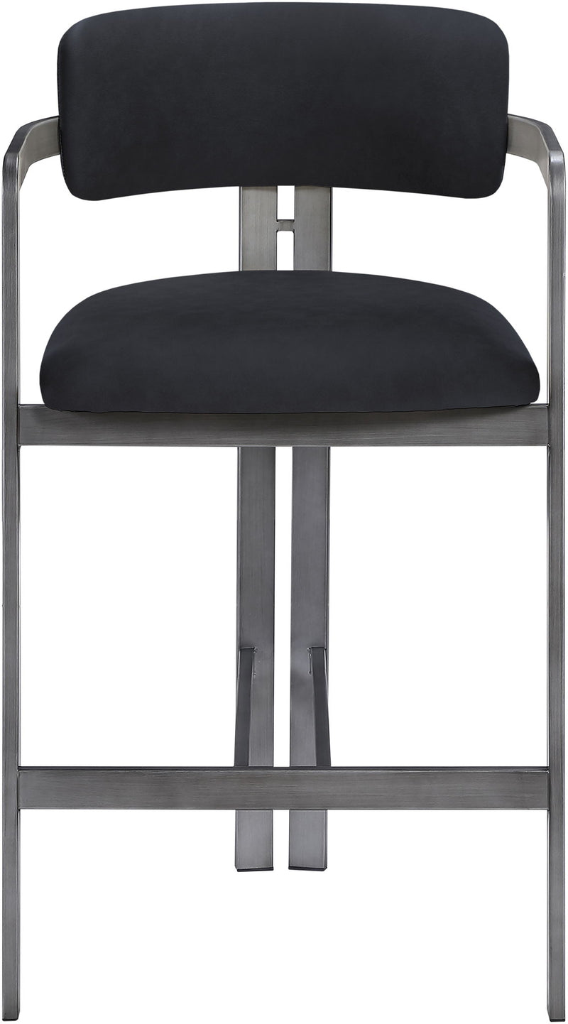 Black vegan leather counter stool with wide back and seat, gray metal base