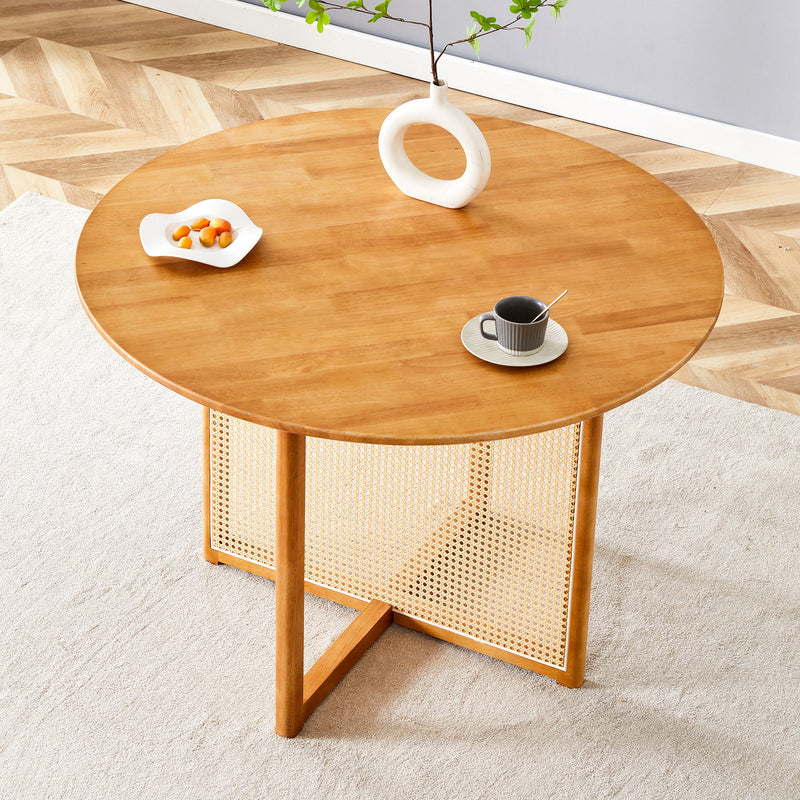 Chinese Countryside Retro Solid Wood Round Table, Simple Modern Imitation Rattan Table - Wood