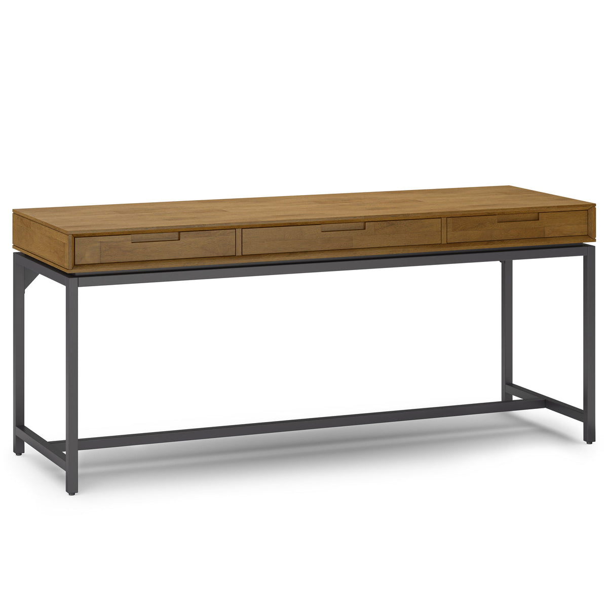 Wide mid-century desk in light wood with multiple drawers and dark metal legs.