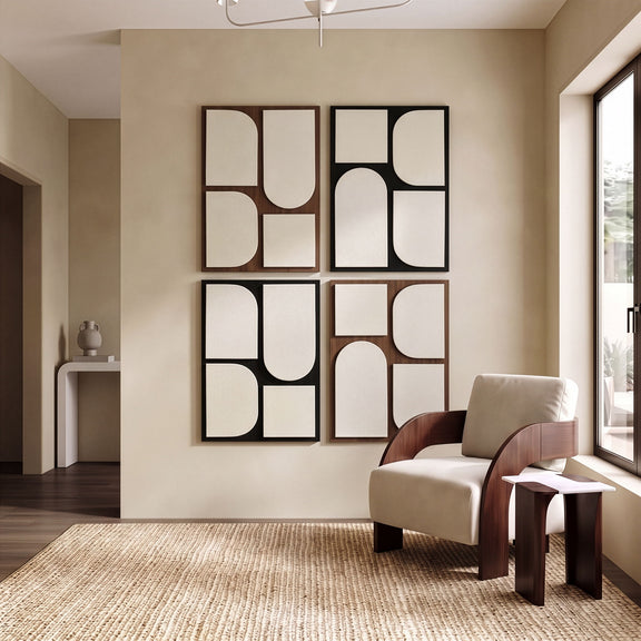 4-piece abstract wall art displayed in living room; beige shapes on black and wood frames
