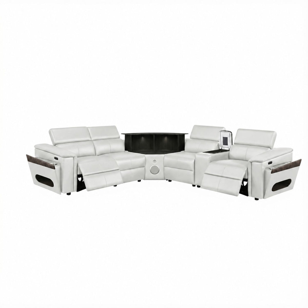 Light gray sectional sofa with blue LED panel and built-in speaker console