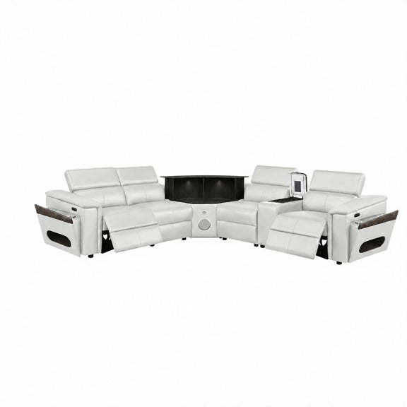 Light gray sectional sofa with blue LED panel and built-in speaker console