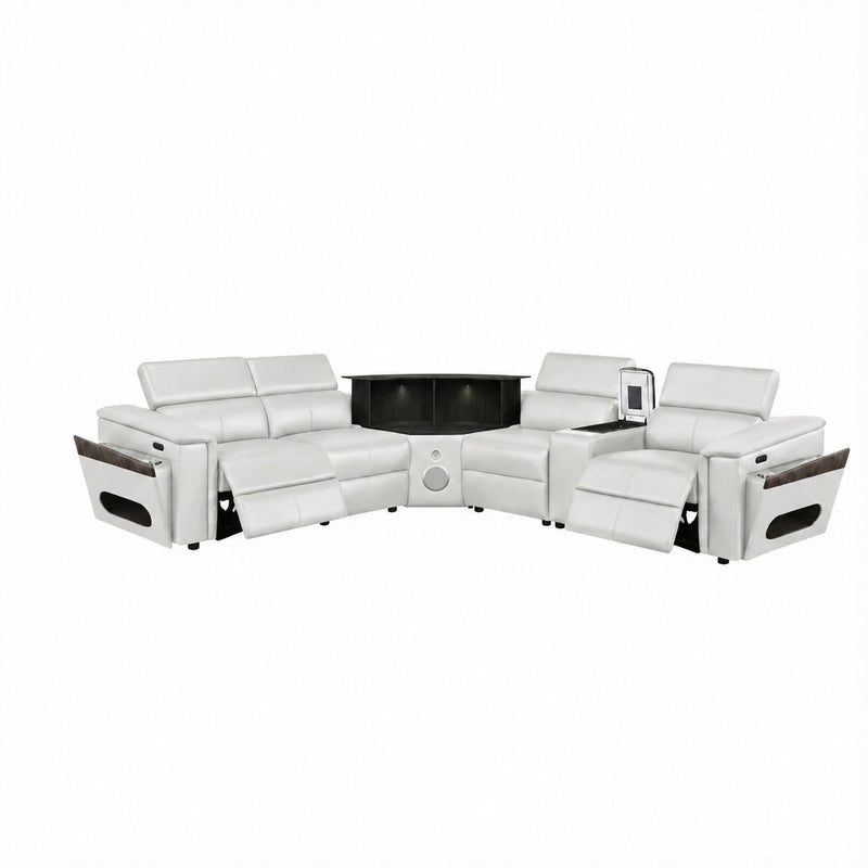 Light gray sectional sofa with blue LED panel and built-in speaker console