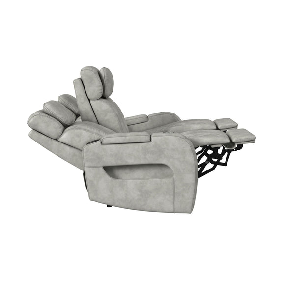 Light gray recliner chair with tall headrest and extendable footrest, side view