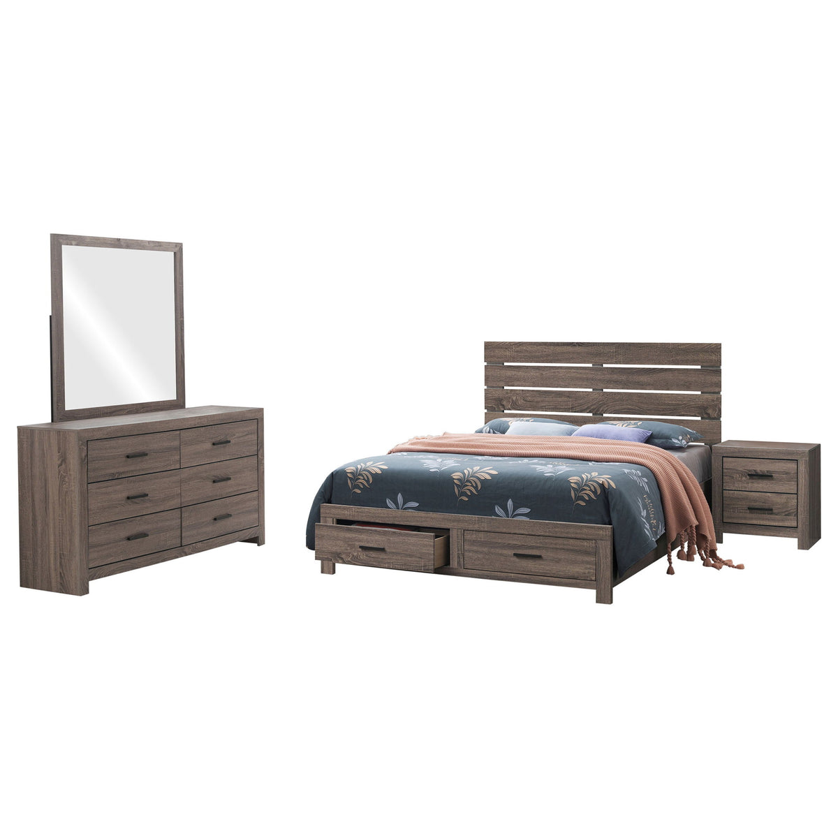 Bedroom set with dark brown platform bed, mirrored dresser, and matching nightstands