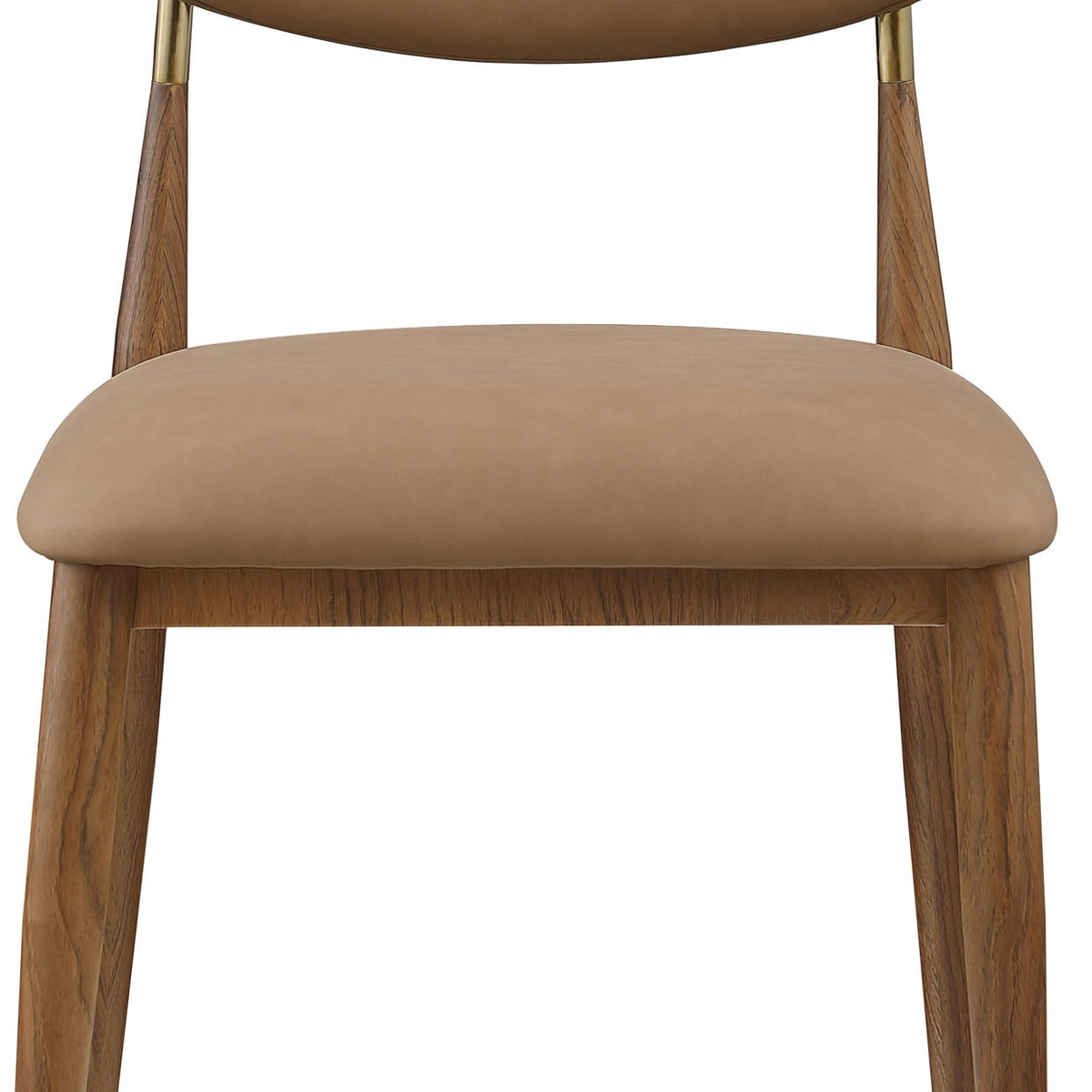 Dark brown vegan leather dining side chair, close-up view with walnut legs