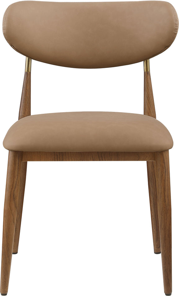 Dark brown vegan leather dining side chair, close-up view with walnut legs