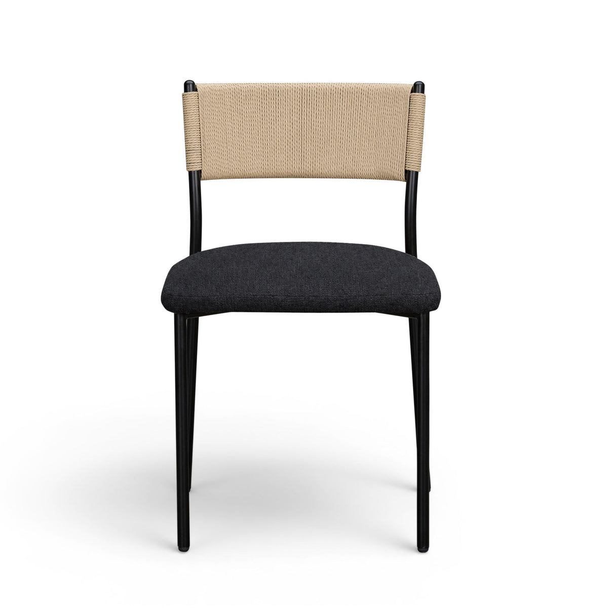 Boucle dining chair with beige fabric back, dark gray upholstered seat, and black legs