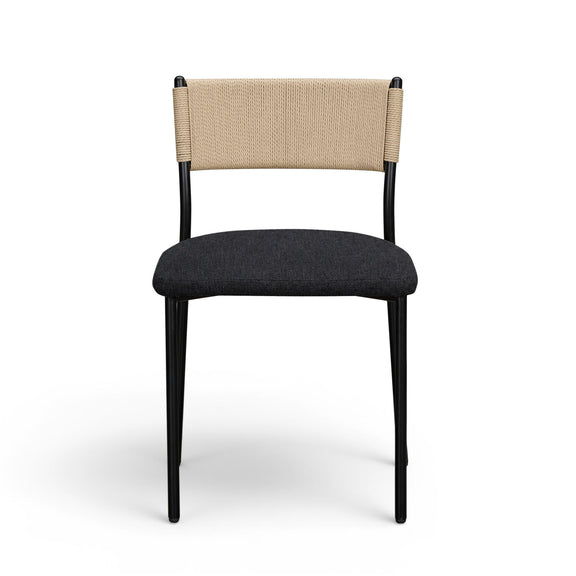 Boucle dining chair with beige fabric back, dark gray upholstered seat, and black legs