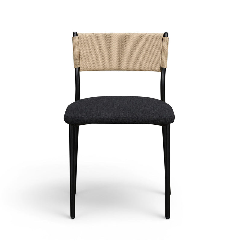 Boucle dining chair with beige fabric back, dark gray upholstered seat, and black legs
