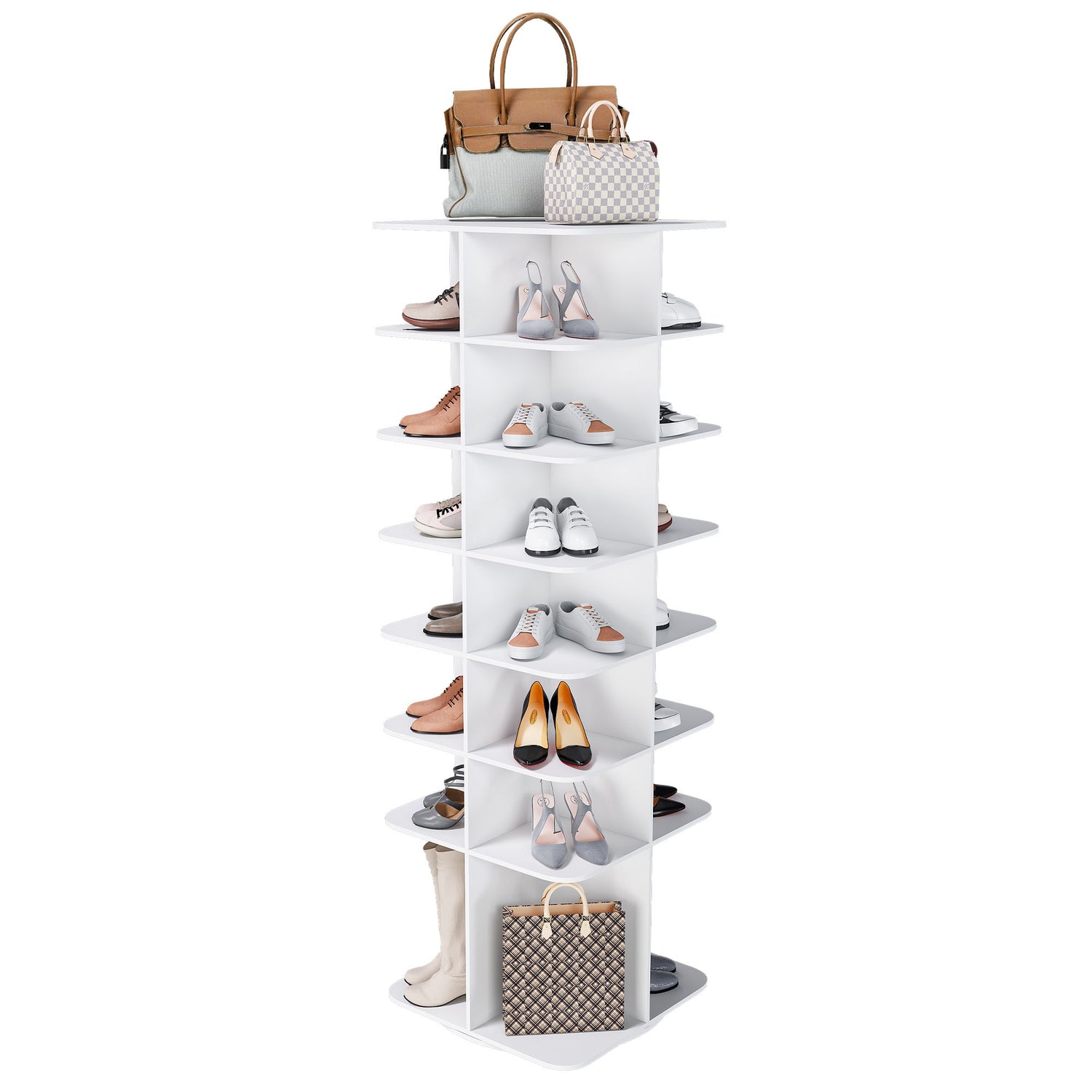 7 Tier Square Rotating Shoe Rack Tower With 360° Spinning Organizer - White