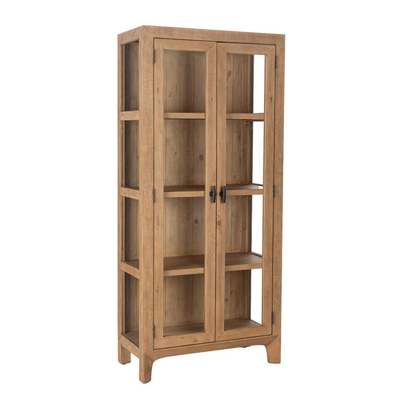 Tall wooden cabinet with open double doors and multiple interior shelves, warm natural