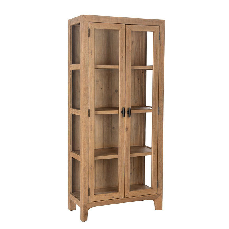 Tall wooden cabinet with open double doors and multiple interior shelves, warm natural