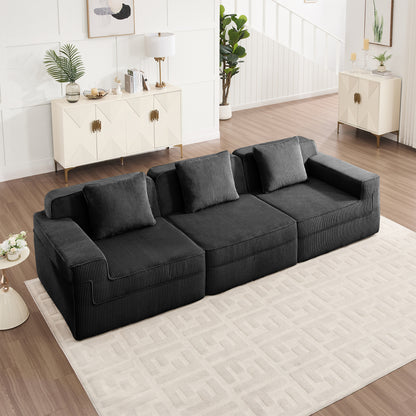 3-Seater Modular Corduroy Sectional Sofa - Black Corduroy