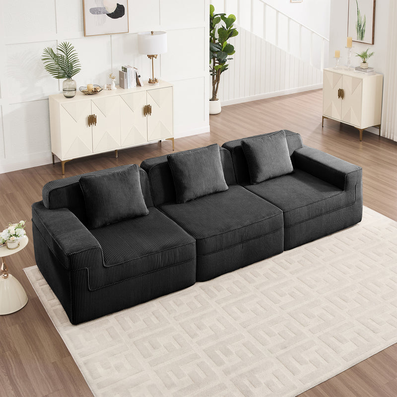 3-Seater Modular Corduroy Sectional Sofa - Black Corduroy