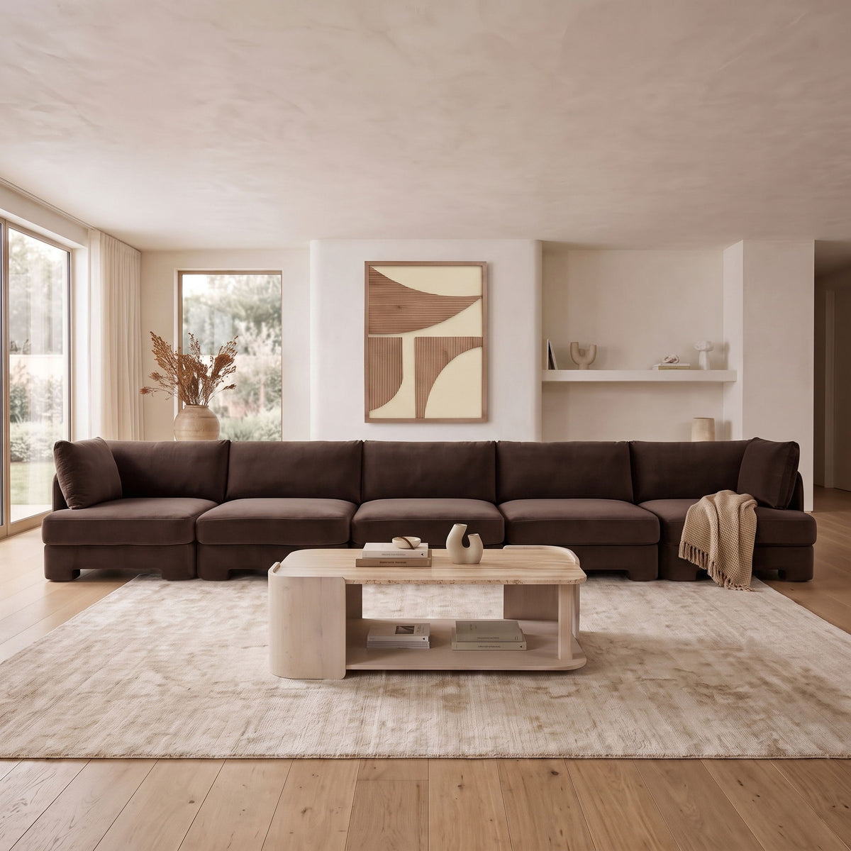 Dark brown velvet upholstered sectional sofa with deep seat and back cushions