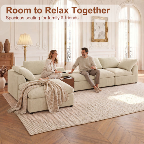 Beige modular sectional sofa with storage console and removable ottomans