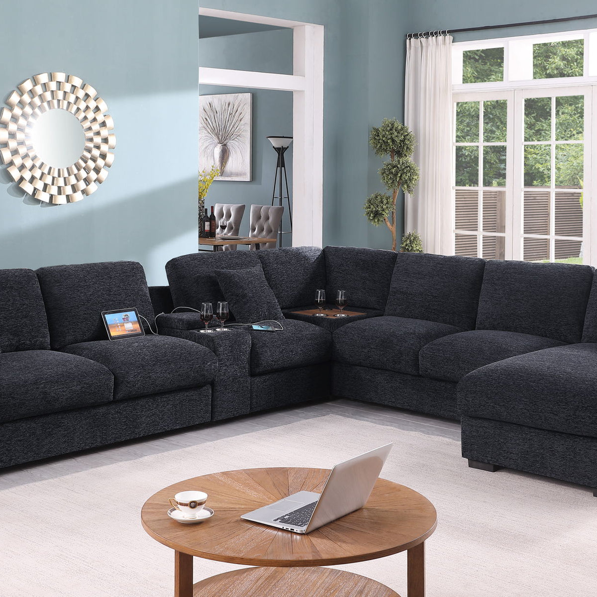 Celine - Fabric Corner Sectional Sofa With Right-Facing Chaise, Cupholders, And Charging Ports
