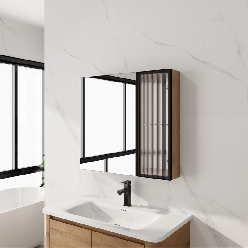 Wall-mounted bathroom cabinet with black door frame and oak paneling above sink