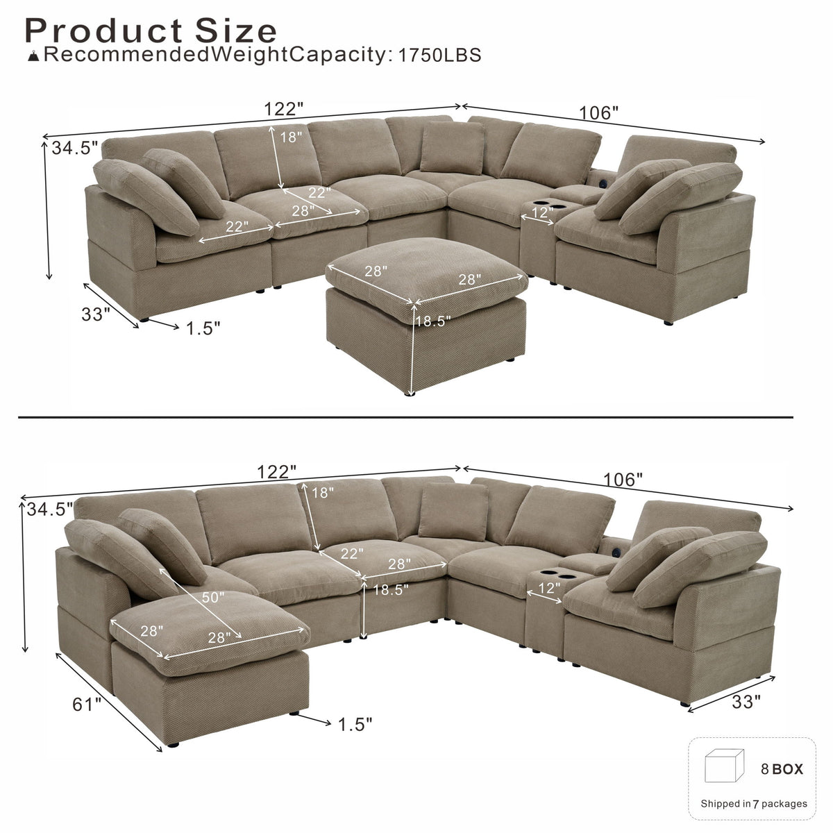 Light brown sectional and ottoman shown with seat and overall dimensions