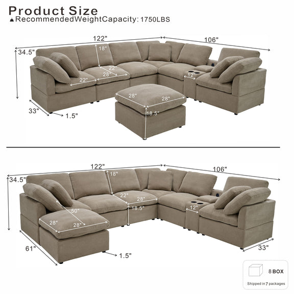 Light brown sectional and ottoman shown with seat and overall dimensions