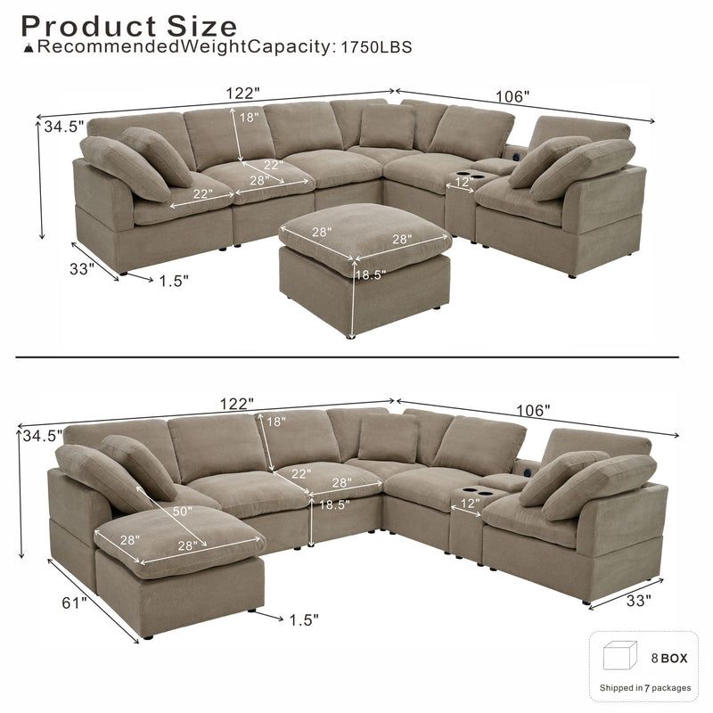 Light brown sectional and ottoman shown with seat and overall dimensions